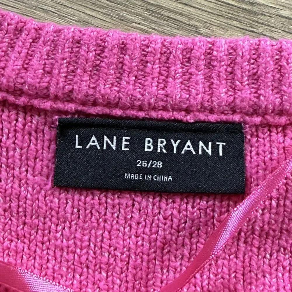 Lane Bryant Sweater Women 26/28 Hot Pink Cable Knit Ribbed Hems Tunic Vneck